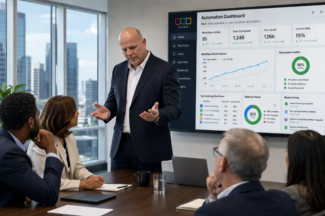 businessman presenting zoho automation dashboard conference