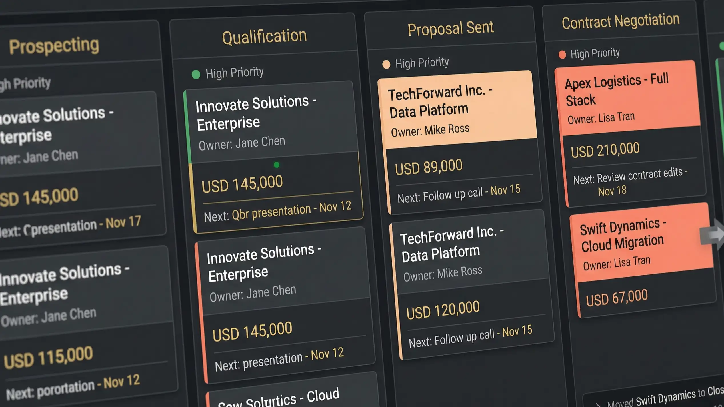 dark mode crm sales pipeline kanban board