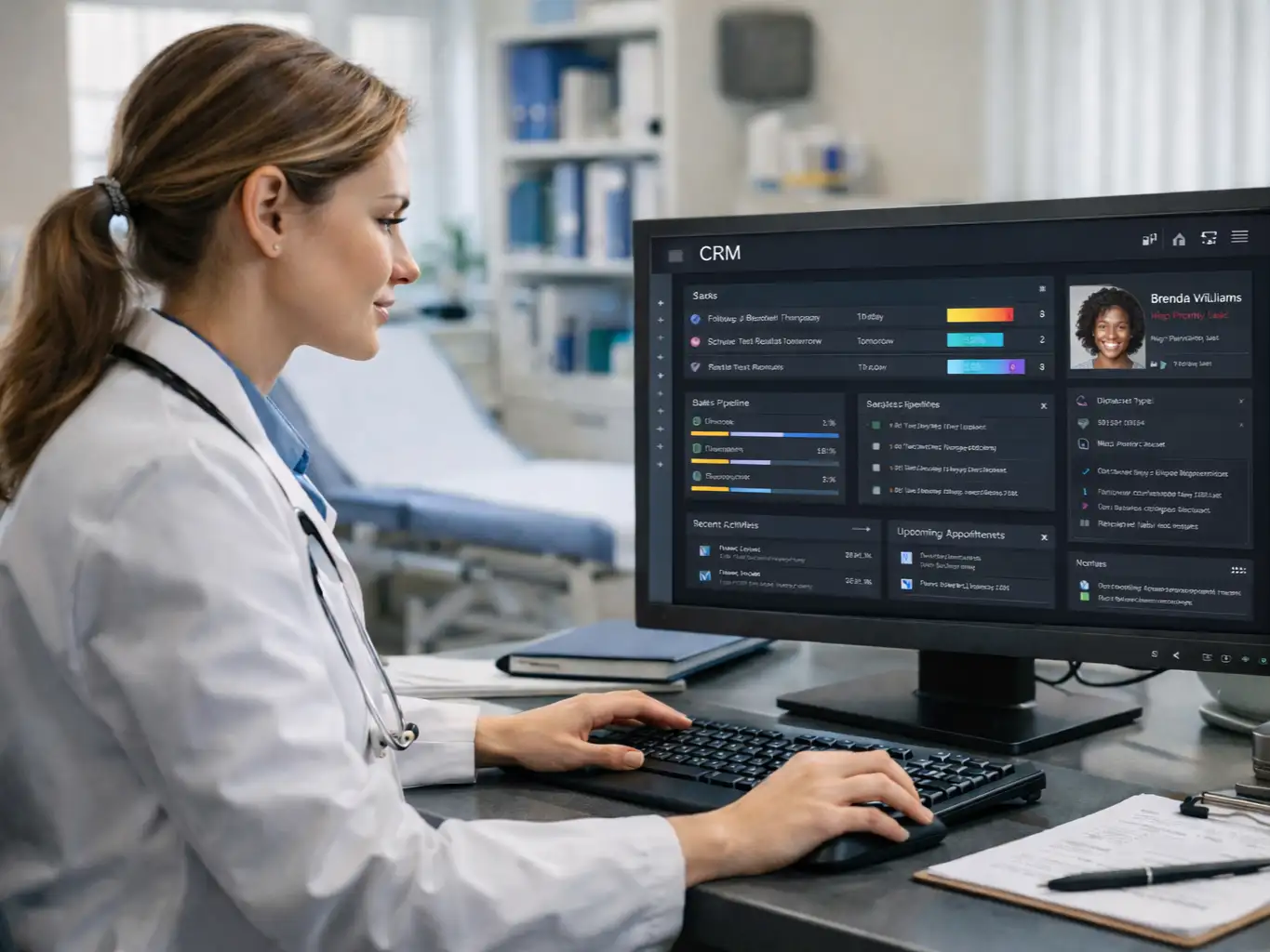 female doctor using healthcare crm dashboard in medical office