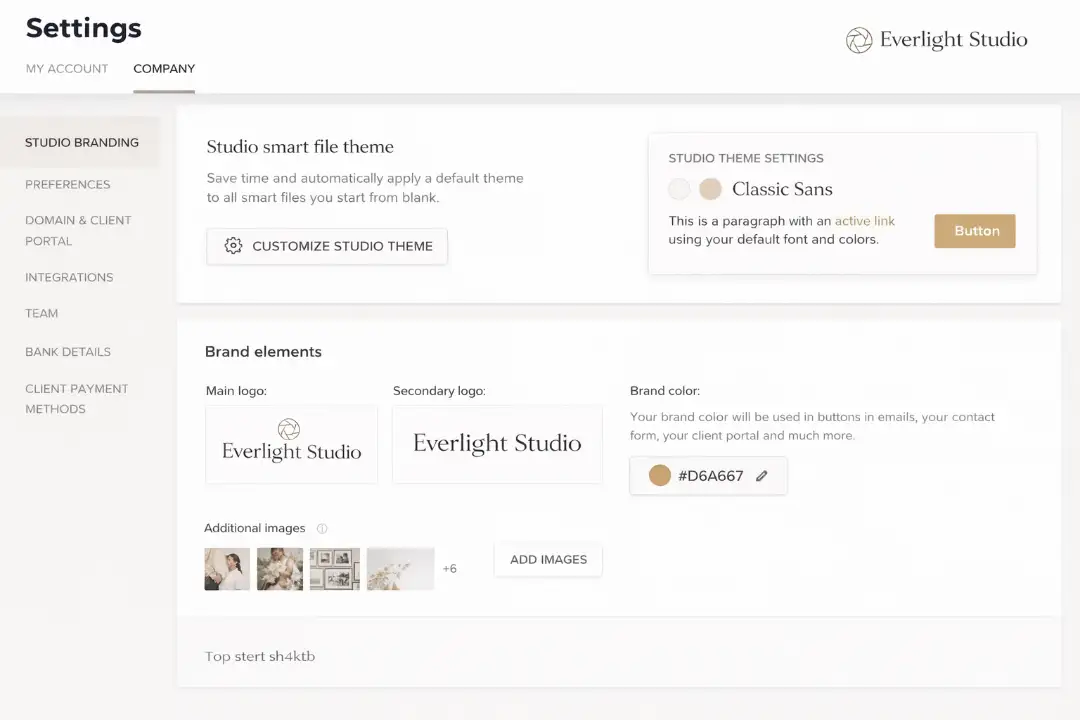 honeybook company branding settings everlight studio