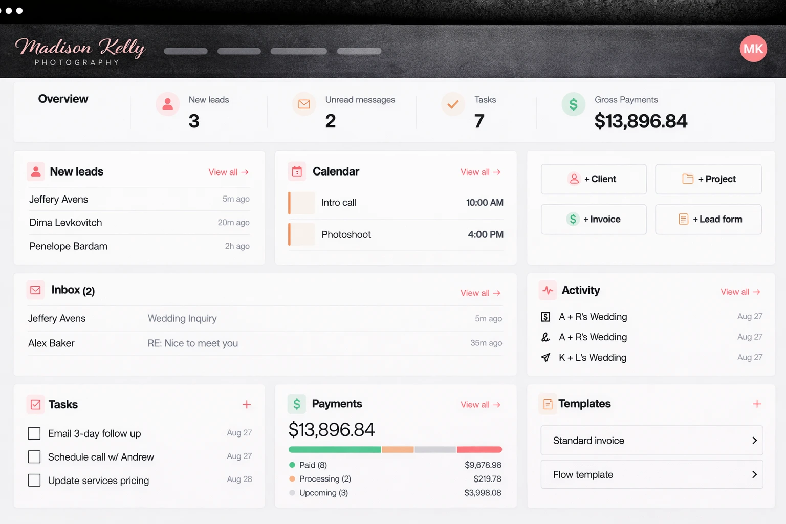 honeybook dashboard madison kelly photography