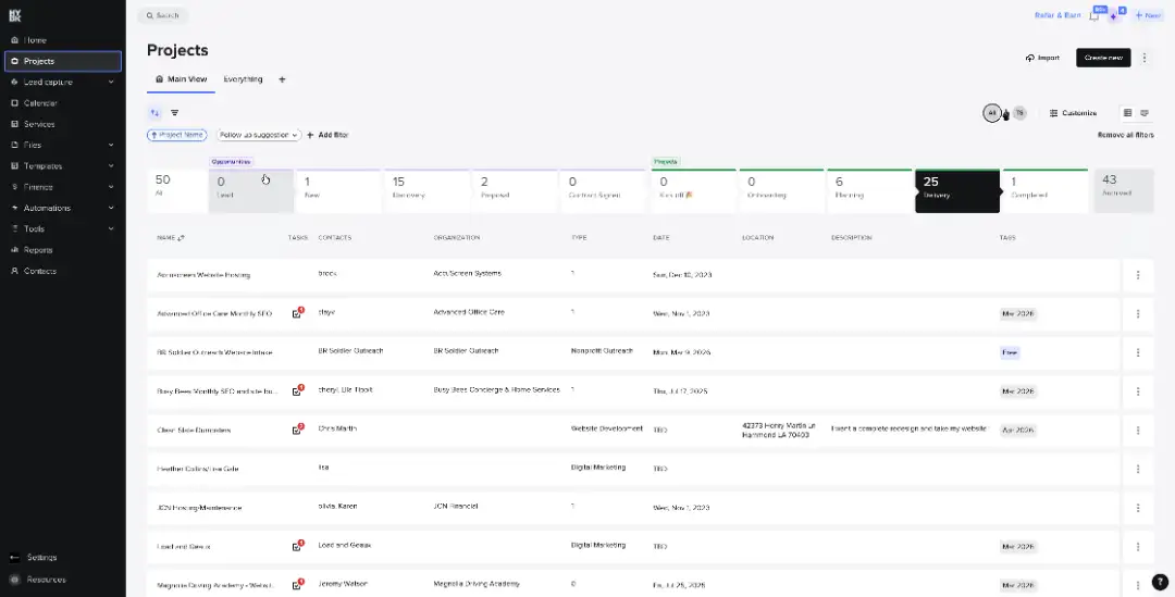 honeybook projects dashboard pipeline view