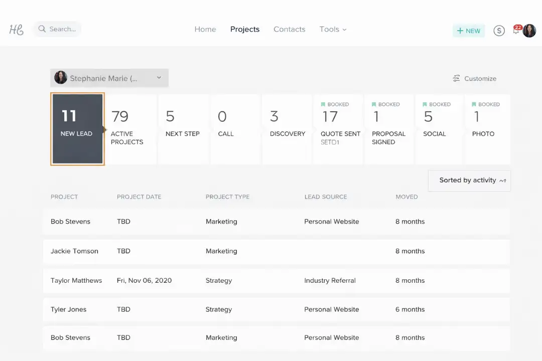 honeybook projects pipeline dashboard
