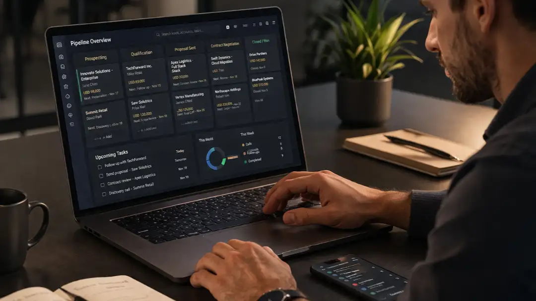 person working laptop sales pipeline dashboard
