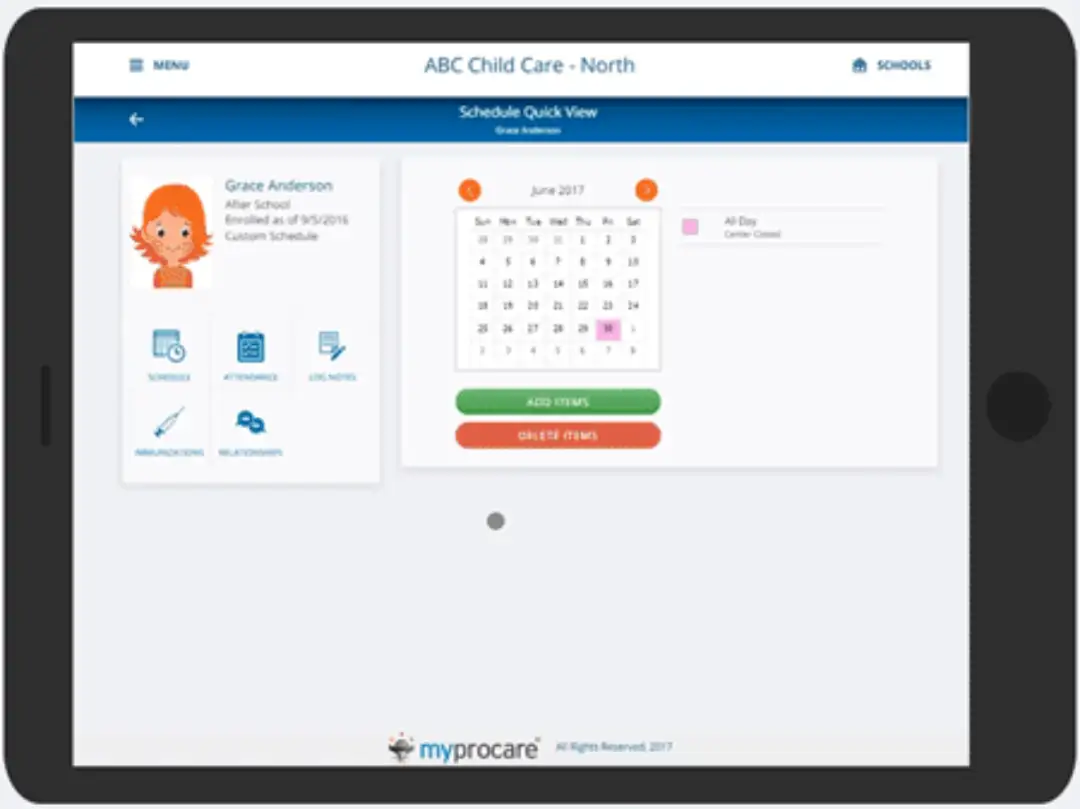 procare childcare management software schedule quick view